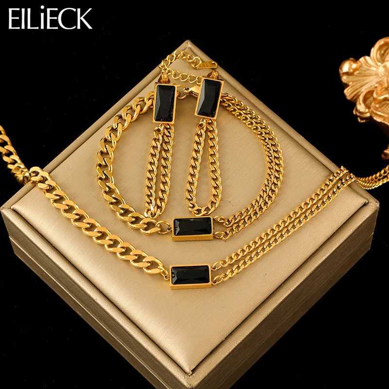 EILIECK 316L Stainless Steel Black Crystal Zircon Necklace Earrings For Women New Trend Gift Waterproof Jewelry Set Z250607
