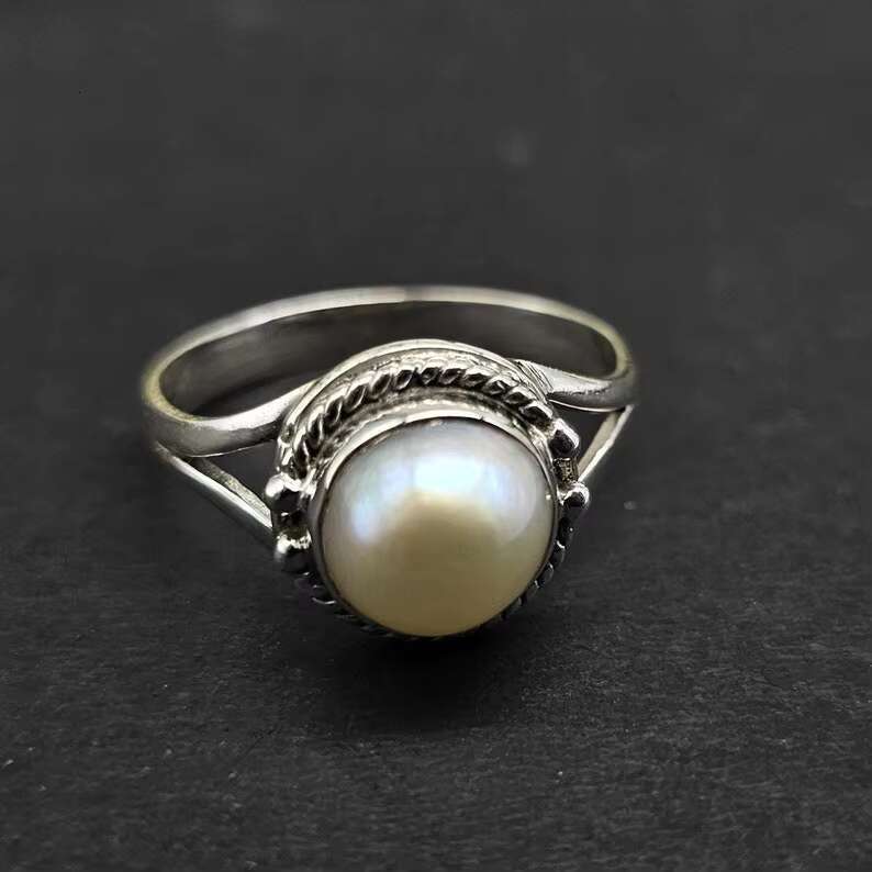 Natural Freshwater Pearl Ring 925 Sterling Silver Ring White Pearl Statement Boho Ring Handmade Pearl Round