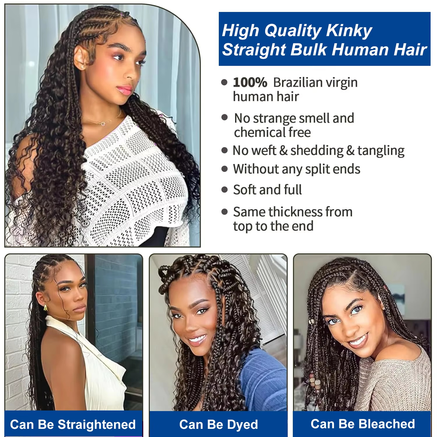 Yaki Straight Bulk Hair For Braiding 100% Unprocessed Human Hair Straight Lace Frontal Curly Human Hair Bundles 3/4 Bundles Deal Deep Curly Hair Brazi