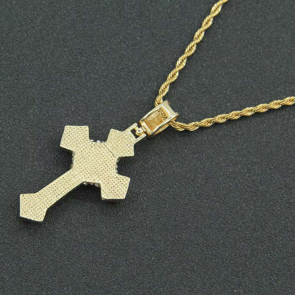 European and American Hip-Hop Trendy Cross Pendant Necklace Three-Dimensional Full Diamond With Stainless Steel Gold Plating