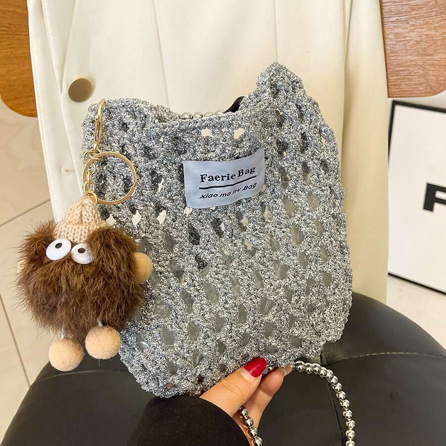 (Finished Product) Handmade Crochet Silver Thread Shoulder Phone Bag Crossbody Women's Fashion Versatile