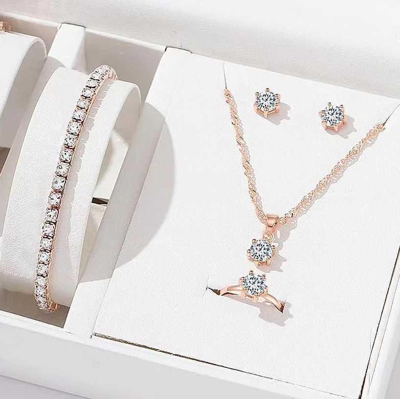 5Pcs Elegant Crystal Jewelry Set Zirconia Ring Necklace Earrings Simple Set Jewelry Fashion Versatile Trendy Jewelry Z250607