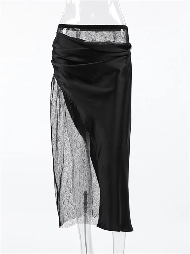 Tossy Black Lace Summer Maxi Skirt For Women Patchwork High Waist Fashion PU Leather Sexy Streetwear Female Y2k Long Skirt 2025 250529