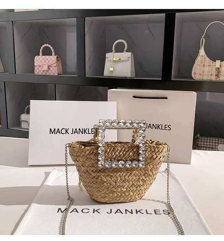 Straw Woven Handmade Bucket Crystal Dia Metal Handheld Women Handbag Lady Purse Shoulder Crossbody Holiday Beach Bag
