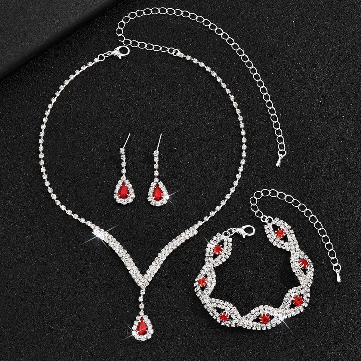 3 Pcs Luxury Rhinestone Bride Jewelry Set for Women Black Water Drop Crystal Earrings Wedding V Necklace Eye Fashion Z250607