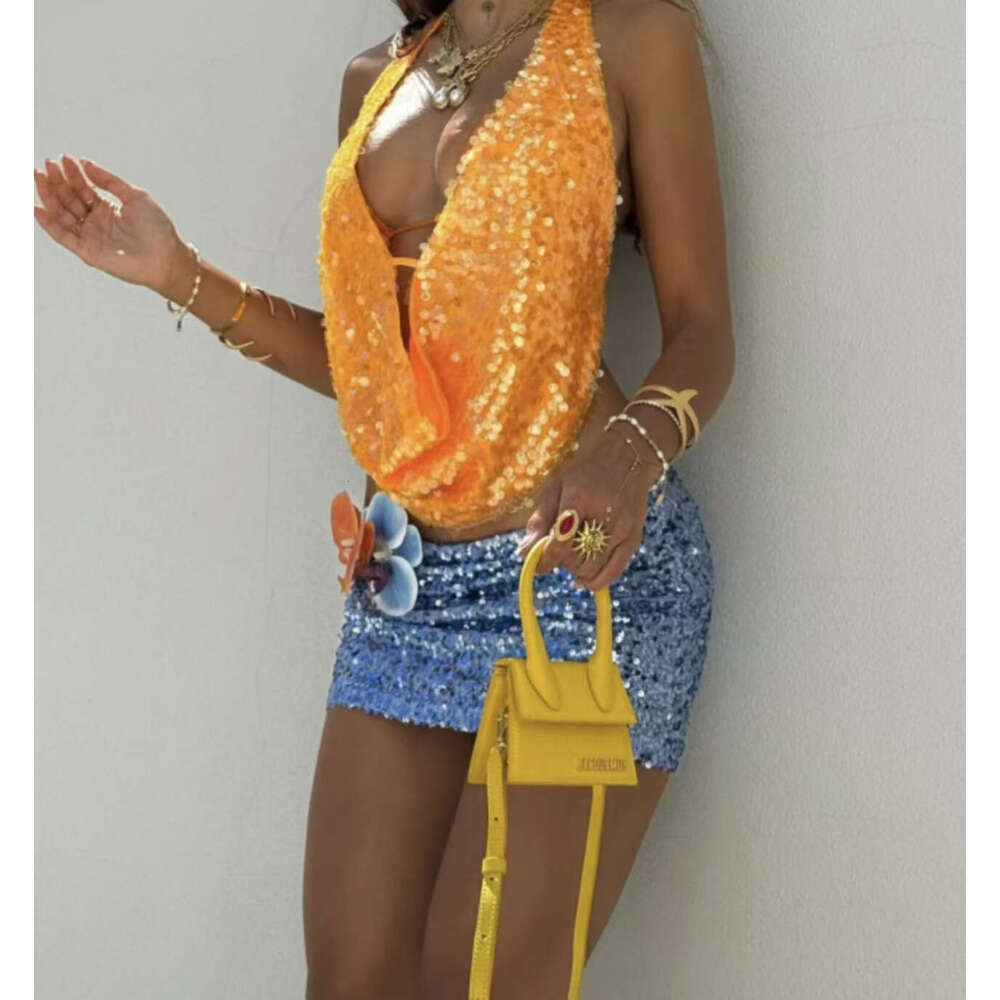 Spring Summer Hot Sale European American Deep V Sequin Halter Sexy Backless Vacation Style Music Festival Party 2025 New Casual Fashion Trendy Clothin