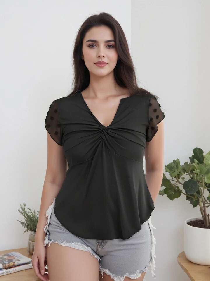 Womens Plus Size Summer Tops Twist Front v Neck Curved Hem Patchwork Mesh Short Sleeve Blouses with Floral Print