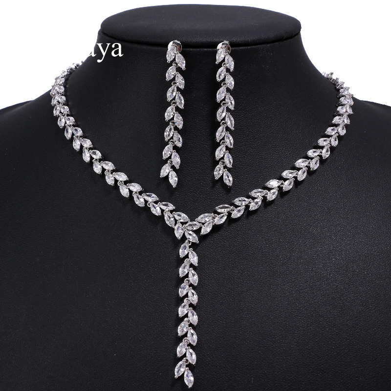 Emmaya Trendy Jewelry Romantic Salix leaf White Gold Color AAA Cubic Zircon Wedding Jewelry Sets For Brides Jewelry Gift 250530