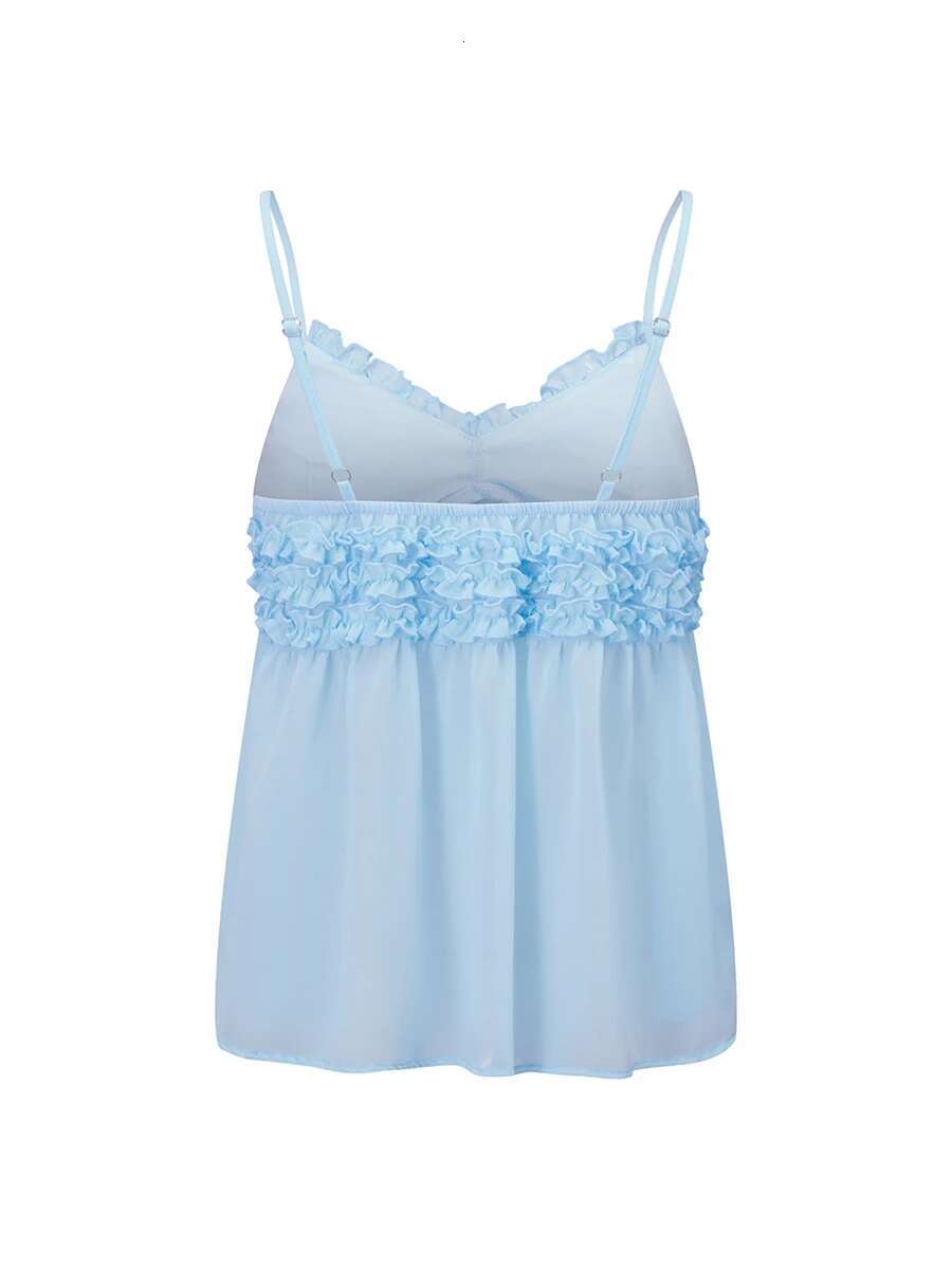 Womens Sleeveless v Neck Ruffle Trim Open Back Mesh Tank Top with Cropped Length for Summer Style