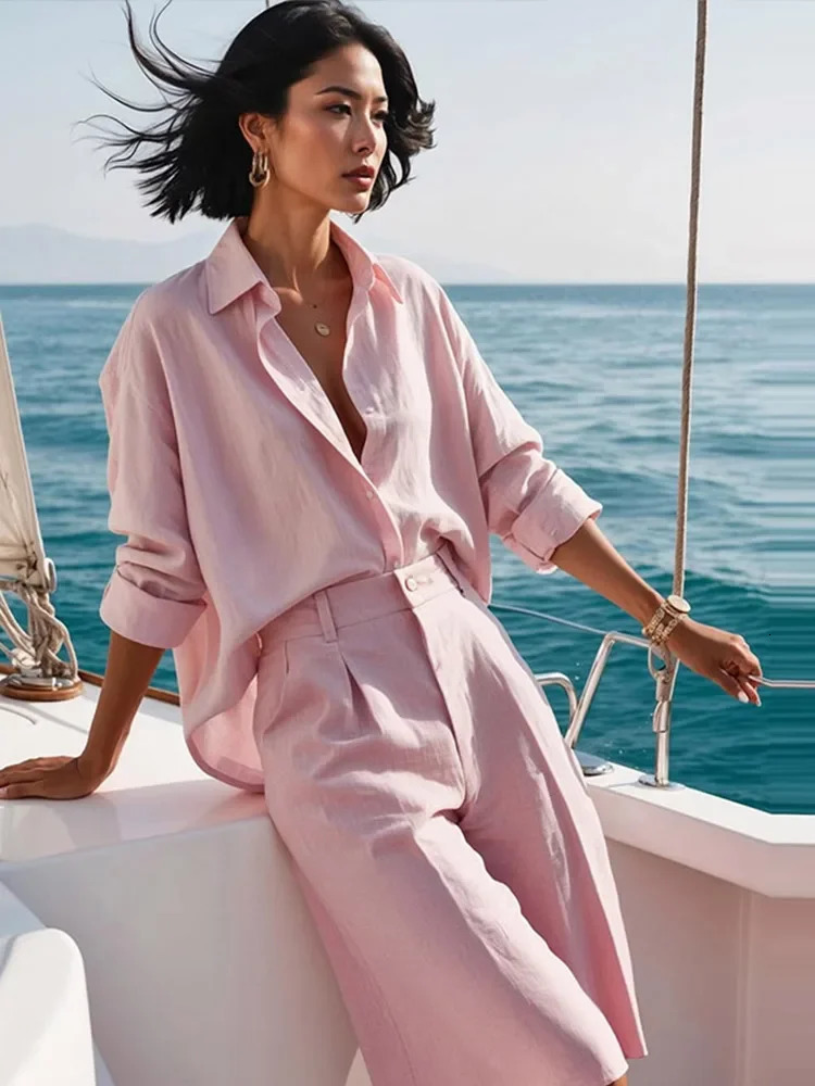 Fashion Womens Shirt Shorts Suits Long Sleeve Turn-Down Collar Button Short Pants Solid Lady Sets 2025 Summer Women Outfit 250605