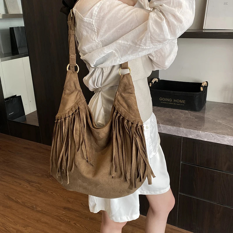 MOODS Bohemia Style Tassels Shoulder Hobo Bags For Women Faux Suede Large Capacity Wild Tote Bag Latest Fashion Handbags 250606