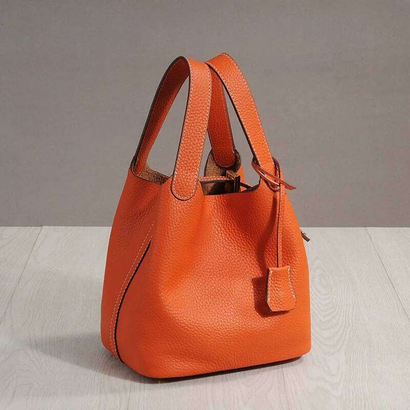 Trendy Genuine Cow Leather Lunch 2024 Imported Bucket Bag Food Basket Picnic Handbag Soft Top-Handle