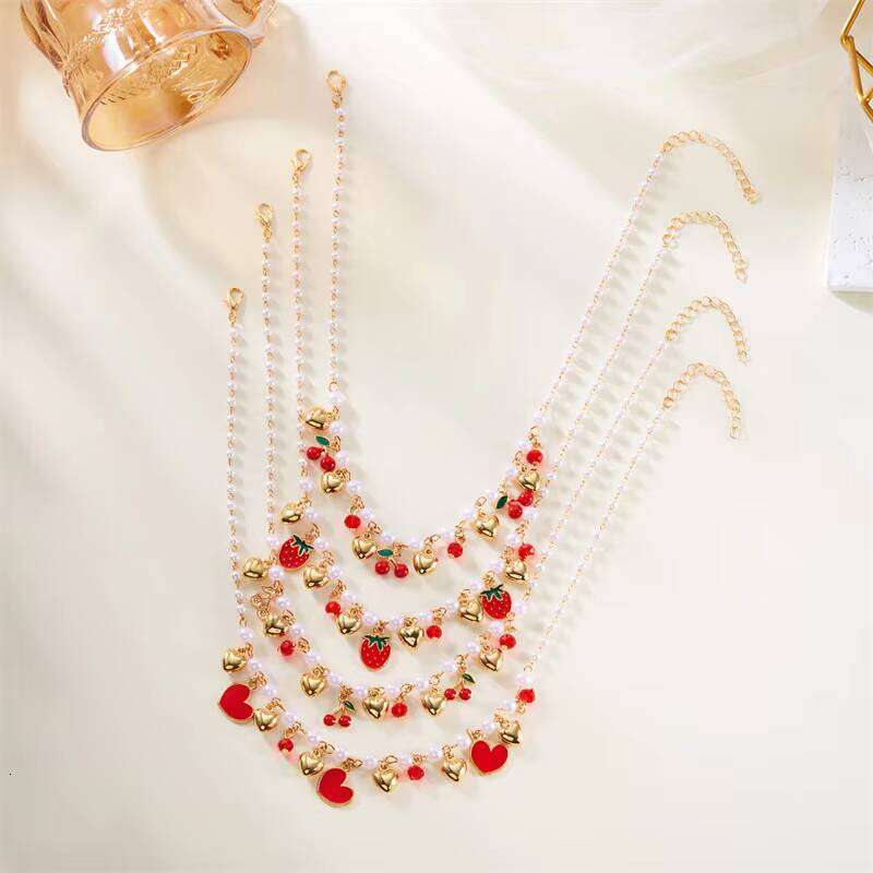 New Fruit Heart Imitation Pearl Necklace Sweet Cute Strawberry Cherry Tassel Charm Women's Jewelry Gift