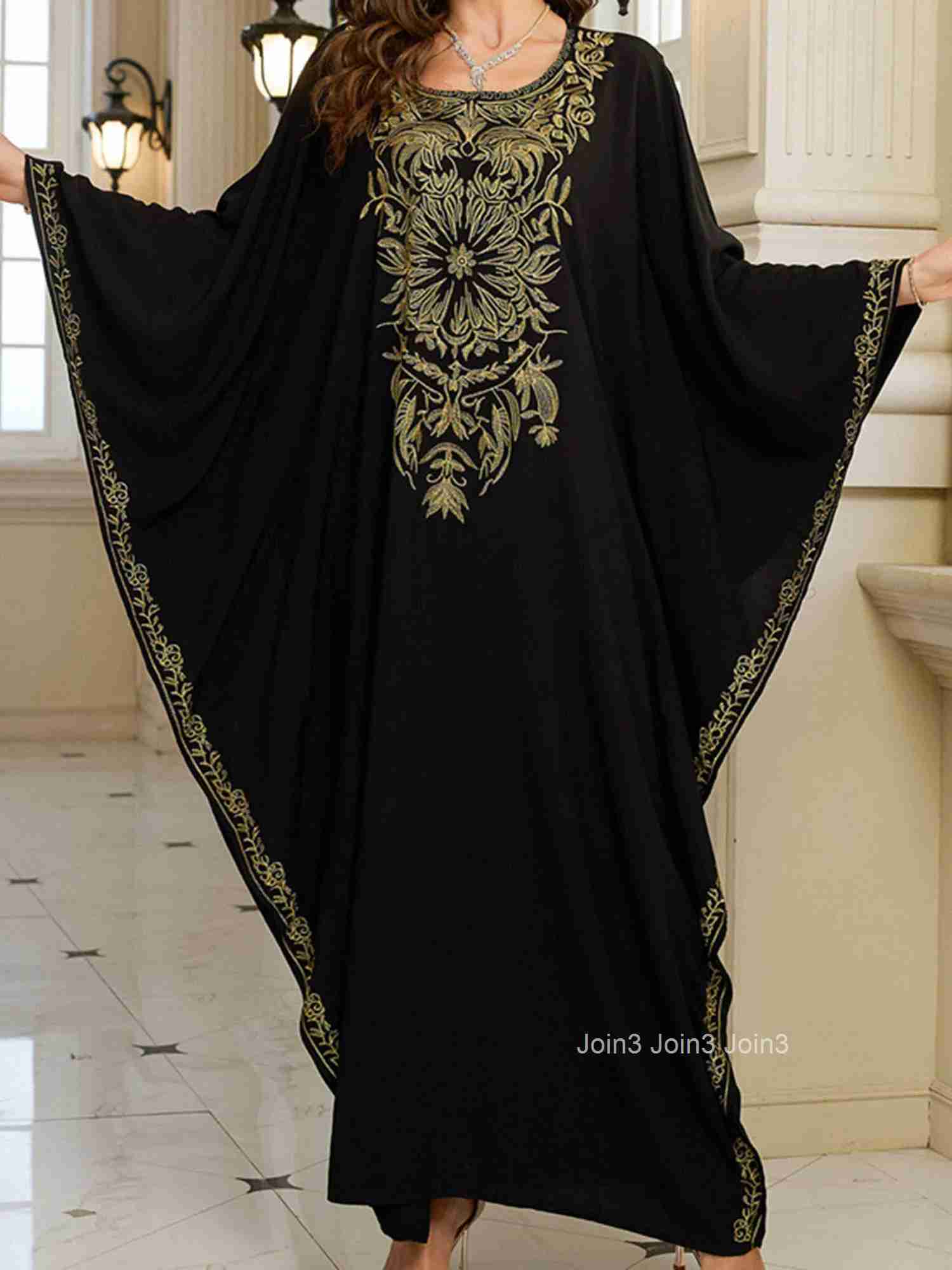 Womens Long Sleeve Floral Embroidered Beach Cover Up Dress with Round Neckline and Loose Fit for Arabic Style Beachwear