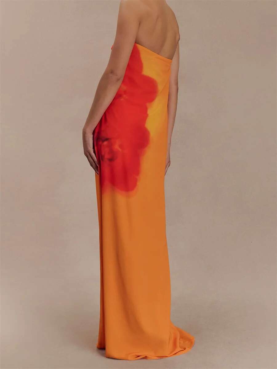 Women Long Dress Floral Print Tube Dress Summer Fashion Backless Casual Strapless Dress