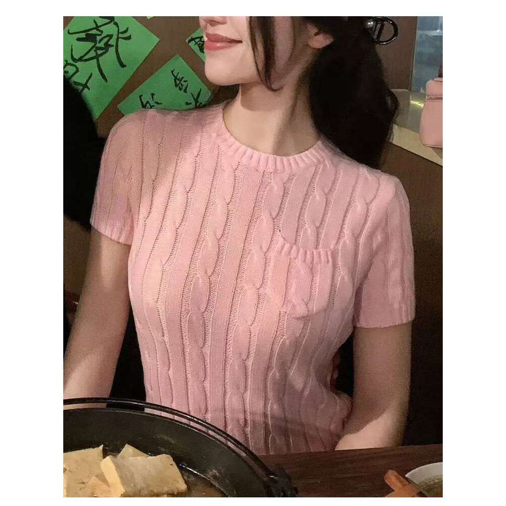 2025 Women's High-Quality Cashmere Knit Sweater Summer Short Sleeve Cable Embroidery Round Neck Cotton Blend Pullover Top