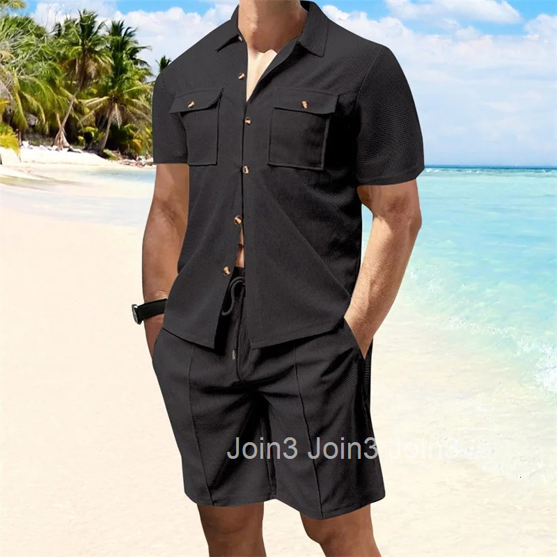 Casual Mens Summer Set Stylish Short Sleeve Button Up Shirt and Comfortable Elastic Waist Shorts in Solid Colors for Beach