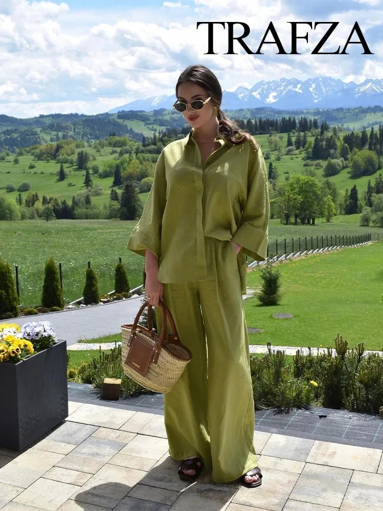 TRAFZA Women 2 Piece Set Elastic Waist Pocket Folds Decorate Wide Leg PantsSolid Single-Breasted Slit Hem Blouse Top 250603