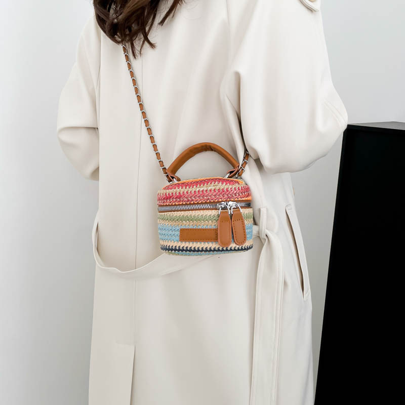 Luxury Brand Designer Bag Niche Light Luxury Bucket Bag For Women 2025 New Fresh Straw Bag Versatile Color-Block Striped Shoulder Crossbody Bag