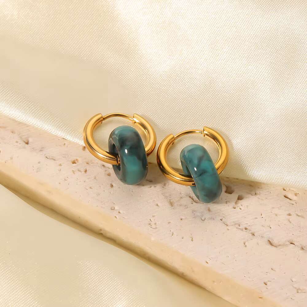 Hot Selling Natural Stones Earrings Stainless Steel 18K Gold Plated Ink Textured Stones Pendant Hoop Earrings for Women