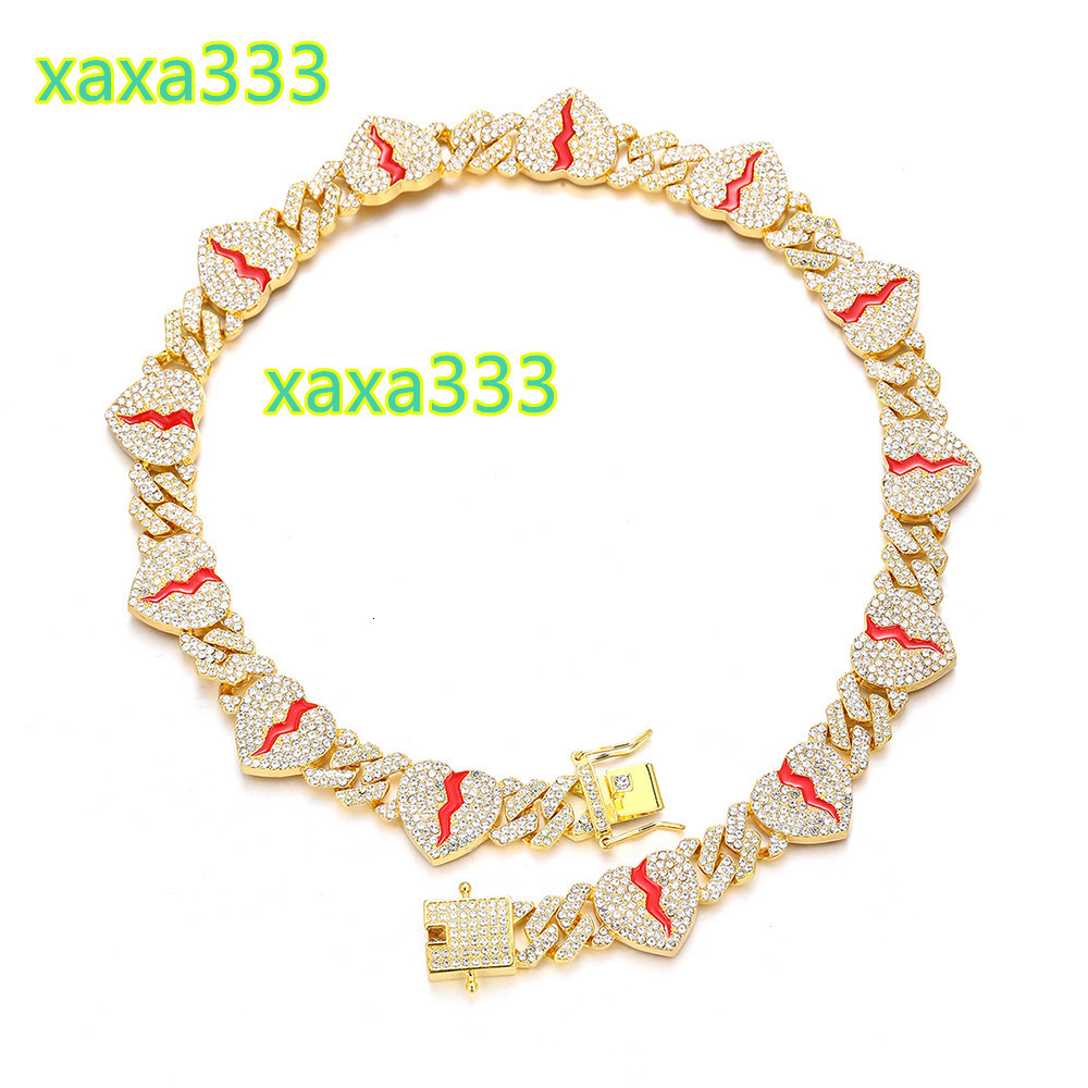 Hip Hop 12MM Punk Red Broken Heart Gold Miami Cuban Chain Necklace Bracelet for Men Women Gift