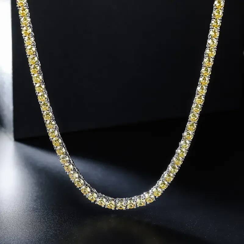 4mm Yellow Cubic Zirconia Copper Tennis Necklace Chain Unisex Gold Plated Men's Gift for Thanksgiving Christmas Father's Day
