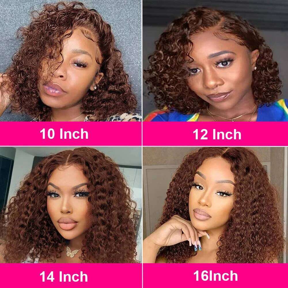 NAMM Brown kinky Curly 13x4 Bob Wigs Brazilian Water Deep Wave Human Hair Wig Preplucked For Woman Short Pixie #4 Color