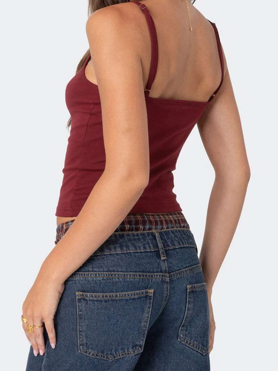 Womens V-neck Sleeveless Crop Top Solid Color Fit Cami Tank Top with Open Back Detail and Low Cut Design