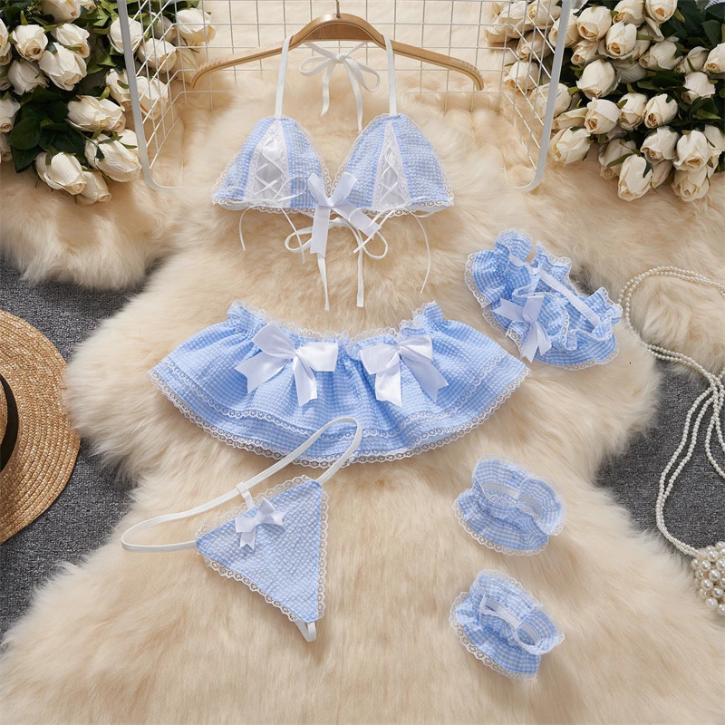Bow Splicing Lace Edge Y2K Grid Lace-up Neck-mounted Top Sets Women Clothes Block Color Sexy Sweet Mini Skirt Suits Lingerie 250603