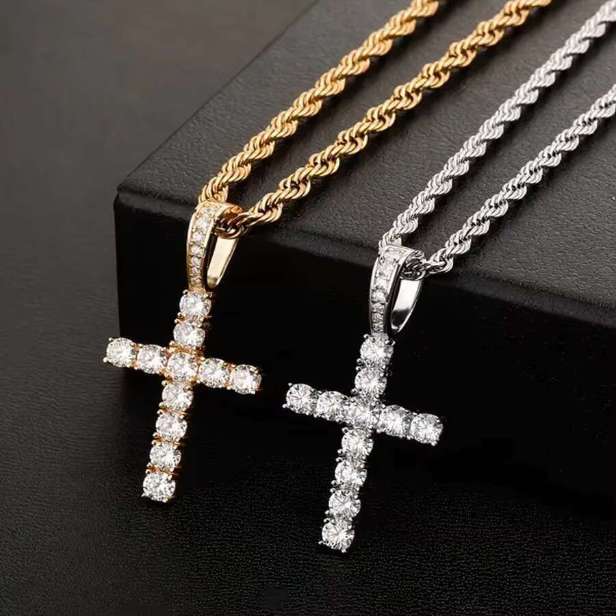 Men's casual simple American style hip-hop cross pendant necklace 925 silver plated gold with linked chain Moissanite