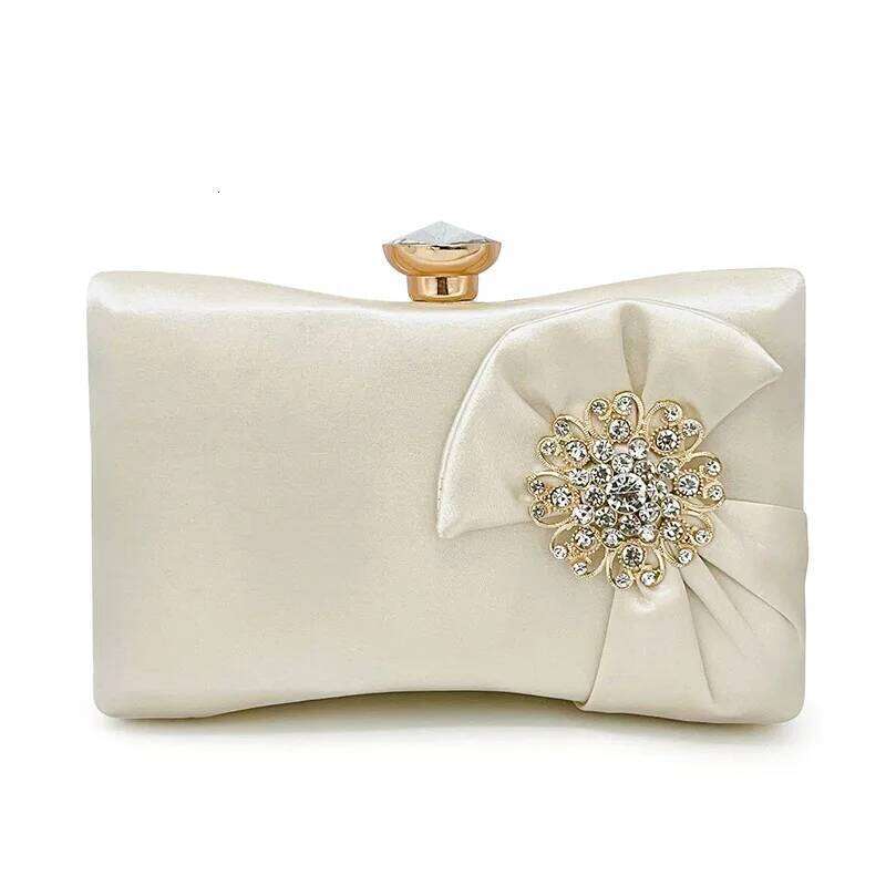 Elegant Satin Evening Clutches For Women Ladies Suower Rhinstone Champagne Fabric Handbags Chic Designed Wedding Purse