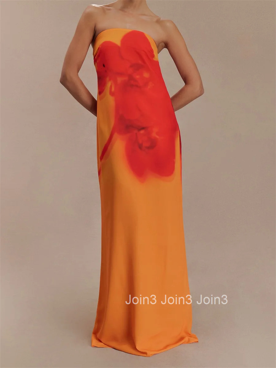 Women Long Dress Floral Print Tube Dress Summer Fashion Backless Casual Strapless Dress