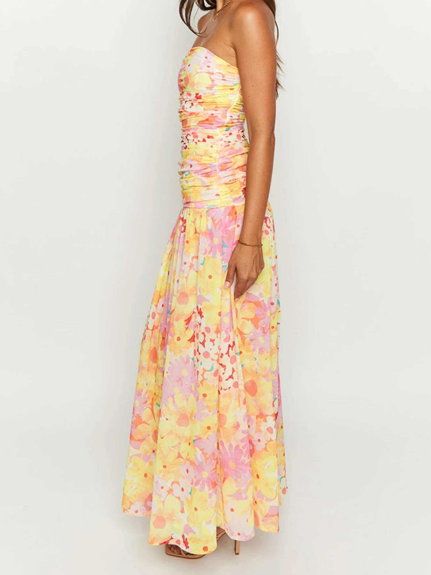 Womens Floral Print Maxi Dress Sleeveless V-neck Empire Waist Summer Dress with Ruffle Hem and Adjustable Straps