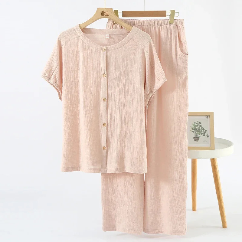 Muslin 100% Cotton Gauze 2 Piece Sets Womens Outfits Button Up Short Sleeve Tees Long Trouser Sets Comfortable Tracksuit 250605