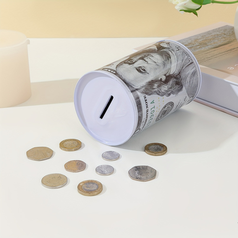 A Metal Cylindrical Dollar Pattern Piggy Bank, Coin Storage, Decorative Ornament, Currency Storage Jar