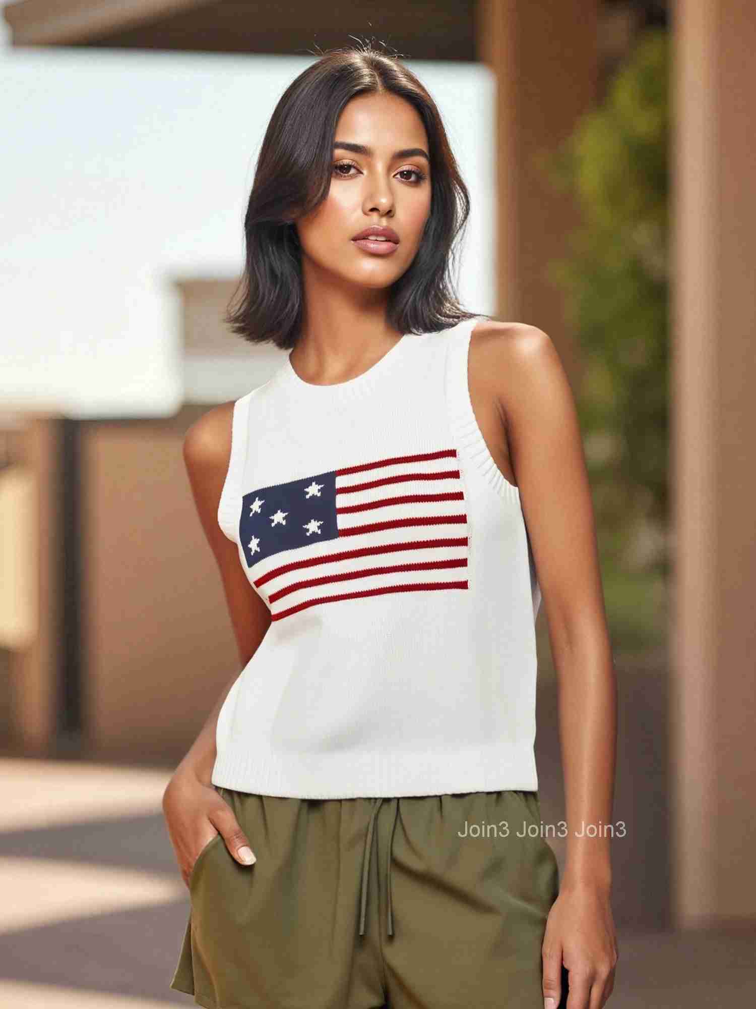 Womens Patriotic American Flag Print Sleeveless Knit Vest Round Neck Casual Party Tank Top for 4th of July Celebrations