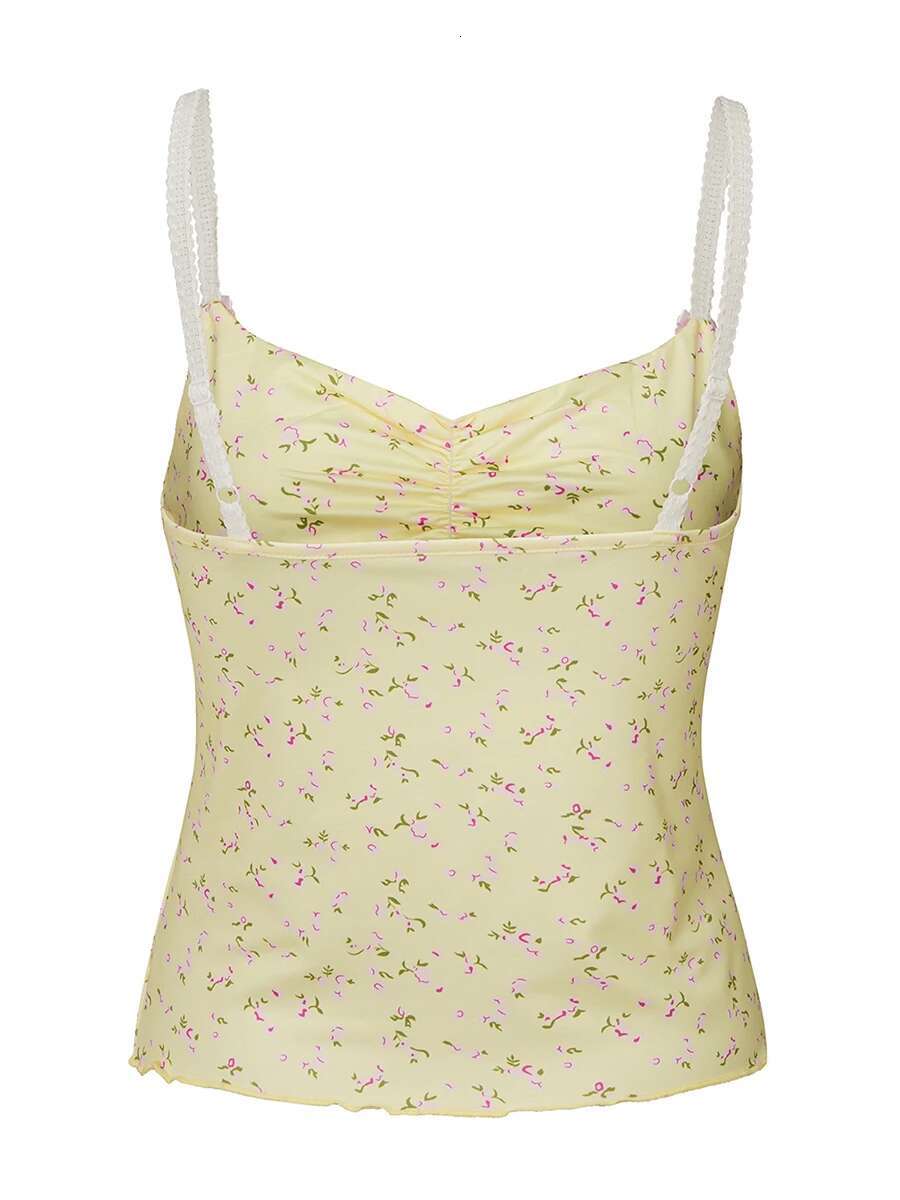 Elegant Lace Trimmed Tank Top V-neck Sleeveless Blouse with Floral Print Fashionable Fit Shirt for Night Out