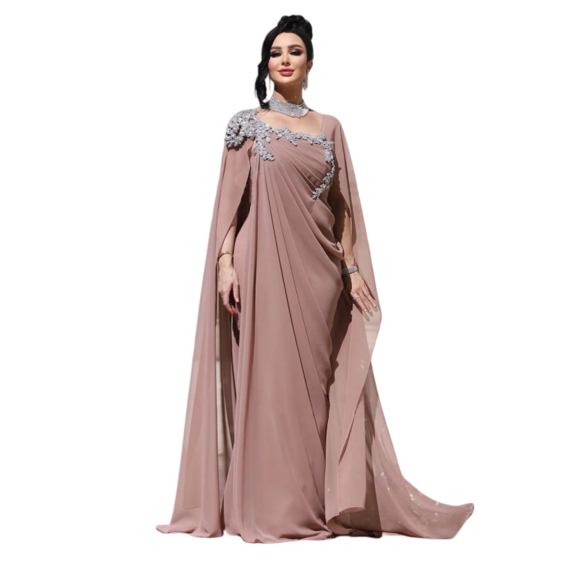 Elegant Arabic Chiffon Long Evening Dresses Pleats Cape Wrap Dusty Formal Occasion Party Gowns Appliques Beaded Chic Prom Dress