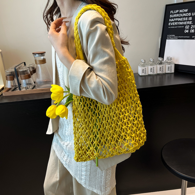 designer Casual Large Capacity Cotton Woven Bag New Hollow Out Straw Bag Tote Bag Single Shoulder Vacation Style Beach Bag for