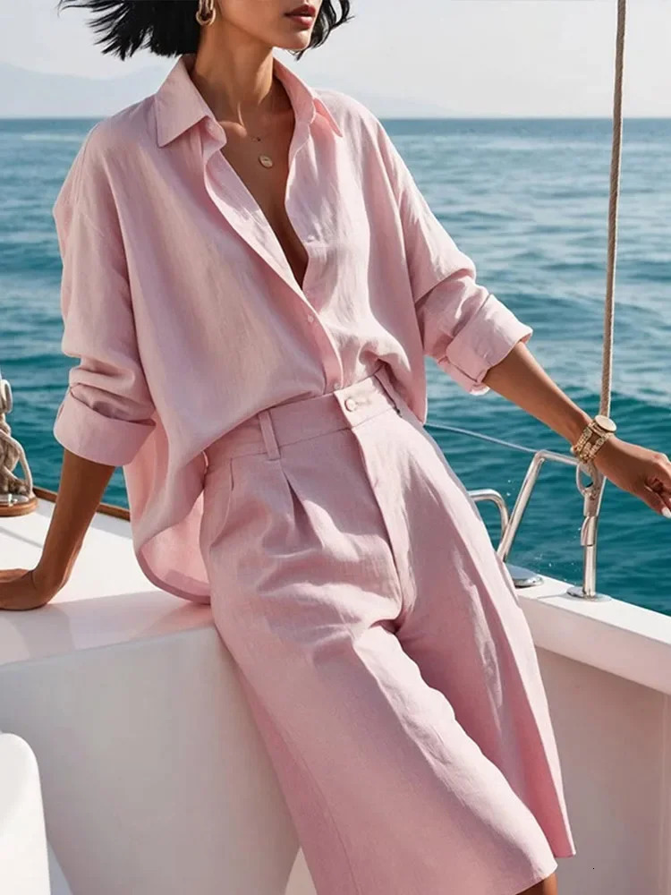 Fashion Womens Shirt Shorts Suits Long Sleeve Turn-Down Collar Button Short Pants Solid Lady Sets 2025 Summer Women Outfit 250605