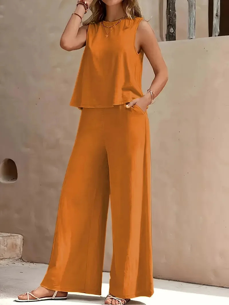 QX Womens Sleeveless Summer 2025 Pants Suit Flash Sale Solid Color Elegant Two Piece Round Neck Suit 250605