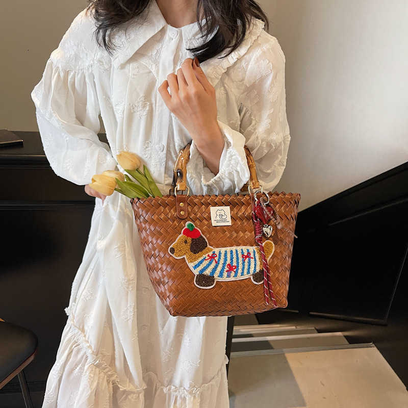 designer Vintage Striped Dachshund Handwoven Basket Tote Bag for Women Large Capacity Commuter Bag Handheld Bucke
