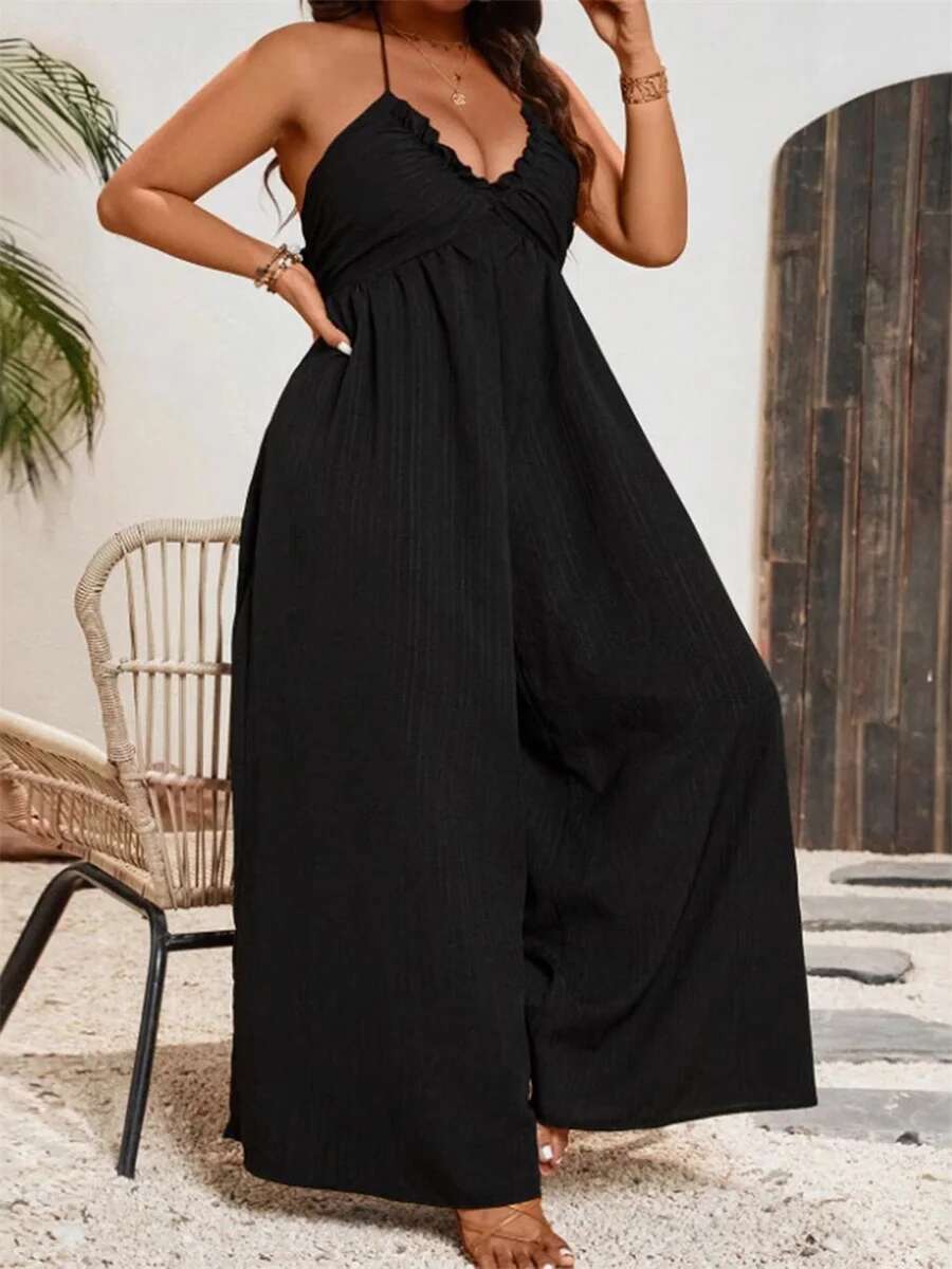 Women Plus Size Rompers Solid Color Sleeveless Halter Neck V-neck Tie-up Wide-leg Jumpsuits Overalls for Summer Fashion
