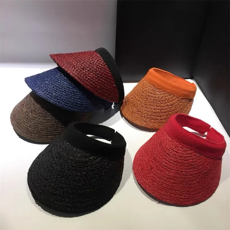 2025 Summer Empty Top Color Raffia Sun Hat Anti Uv Female Visor Cap Casual Shade Hat Straw Wide Large Brim Outdoor Beach Sunhat 250603