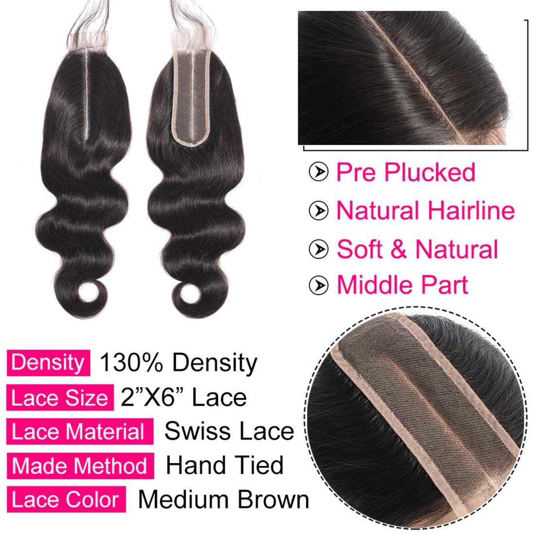 Free shipping Brazilian Body Wave 2x6 Lace Closure 100% Human Natural Color Pre-plucked With Baby Hair Can be Dyed
