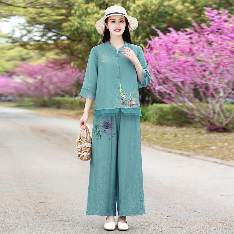 Womens Cotton and Hemp Set Plus Size Summer Half Sleeve Top Retro Print 2024 Multi Color Wear 250603