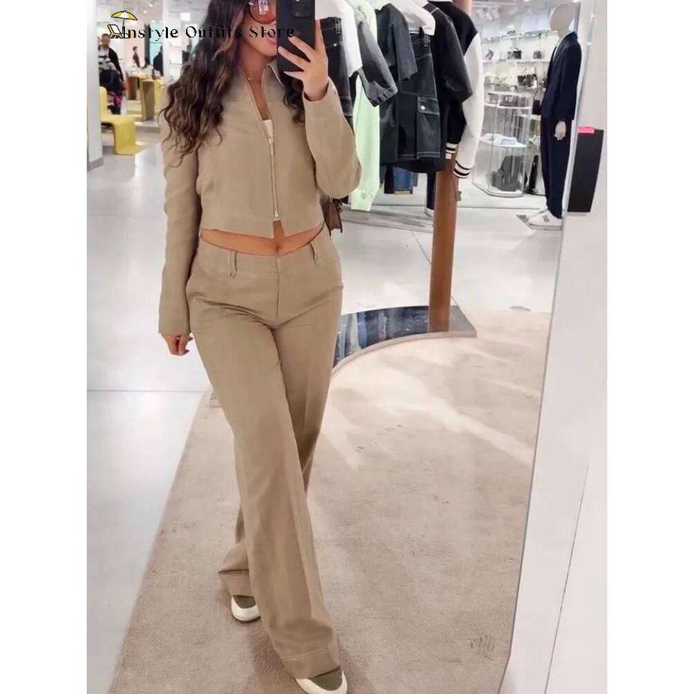 Casual Trousers Set Women Cotton Linen Lapel Zippers Crop Top Straight Pants Sets Lady Spring Autumn Solid Suit Woman Streetwear