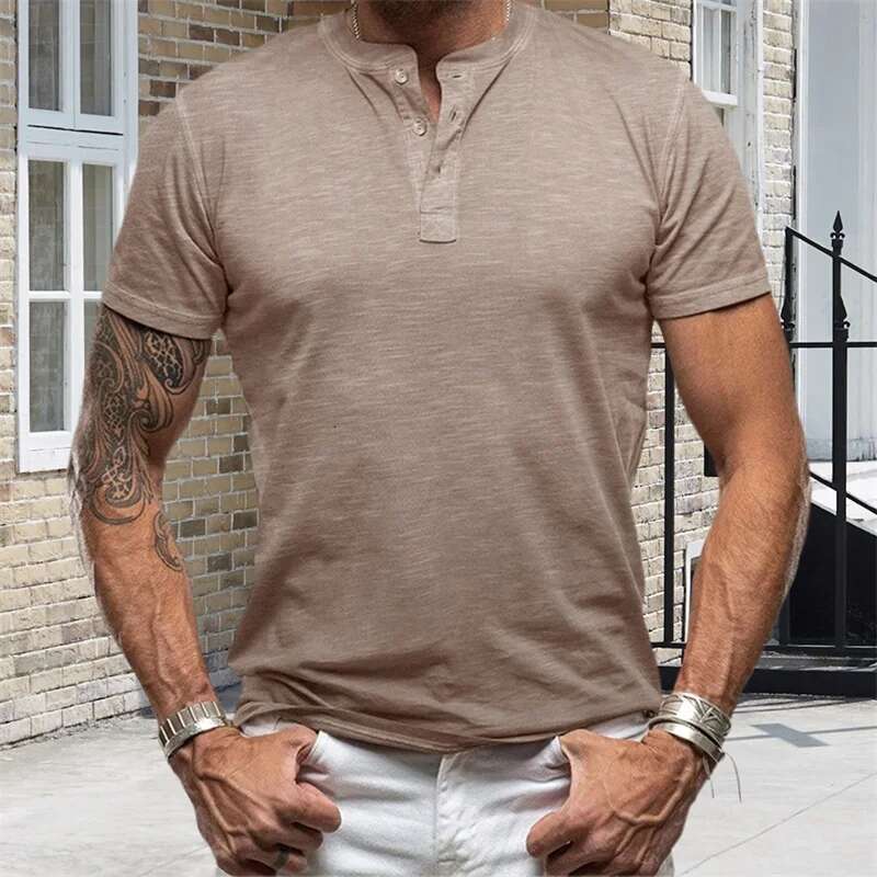 Mens Casual Short Sleeve T-shirt Round Neck Solid Color Basic Tee Summer Button Up Top Streetwear Fashion Wear