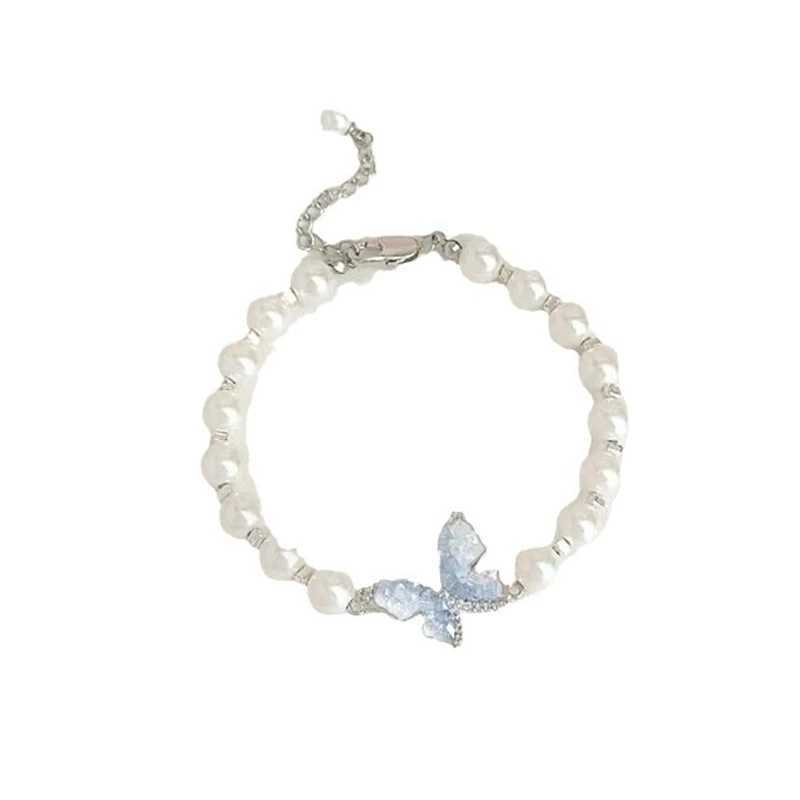 New Fashion Blue Crystal Butterfly Pearl Earrings Ring Necklace for Women Advanced Bilayer Choker Wedding Jewelry Set Z250607