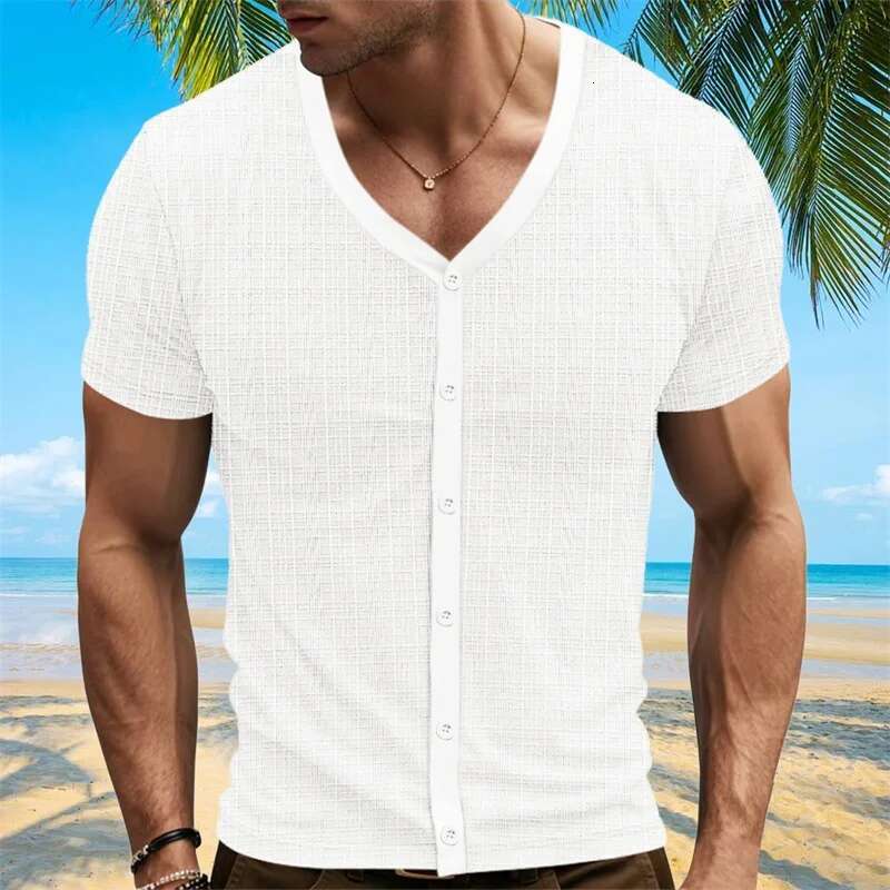 Mens Fit v Neck Button Down Short Sleeve Casual T-shirts Summer Cardigans Classic Tops for Everyday Wear
